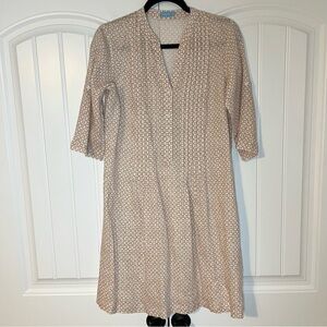 J. Mclaughlin Riviera Pleat Front Linen Dress Tan White Geometric Pattern Small